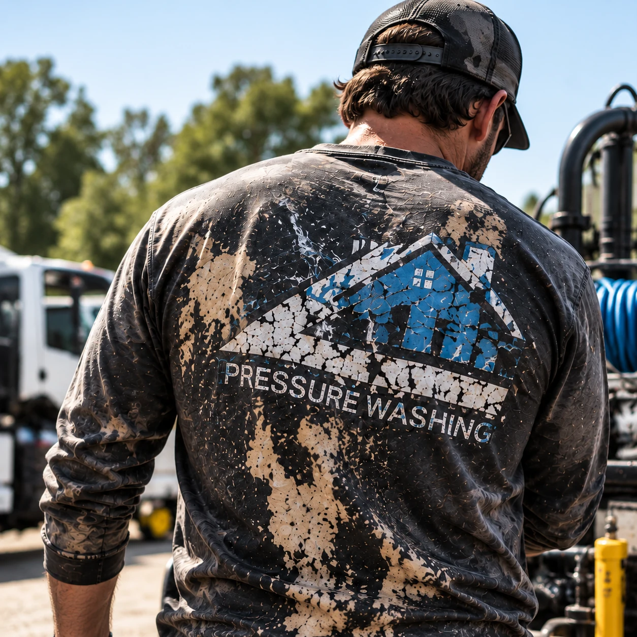 Pressure washing worker wearing a bleach-stained shirt